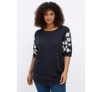 Sheego Kurzarmpullover mit Blumenstickereien 48/50 tiefblau-ecru