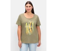 Sheego Kurzarmshirt mit Glitzer-Print 44 khaki-limone