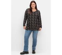 Langarmshirt SHEEGO "Langarmshirt", Damen, Gr. 48/50, schwarz (schwarz, gemustert), 95% Viskose, 5% Elasthan, geblümt, gemustert, mehrfarbig, Rundhals, Shirts Langarmshirt (19495407-48) schwarz, gemus