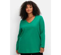 Langarmshirt SHEEGO "Große Größen", Damen, Gr. 44/46, grün, Obermaterial: 100% Baumwolle, unifarben, casual, figurumspielend lang, V-Ausschnitt, Langarm, Shirts, mit V-Ausschnitt und leichter A-Linie