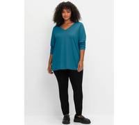 V-Shirt SHEEGO "Langarmshirt", Damen, Gr. 48/50, topas, 100% Baumwolle, unifarben, V-Ausschnitt, Shirts (89167641-48) topas