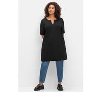 Longshirt SHEEGO "Longshirt", Damen, Gr. 44/46, schwarz, 100% Baumwolle, unifarben, V-Ausschnitt, Shirts Longshirt (48218515-44) schwarz
