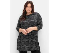 Longshirt SHEEGO "Longshirt", Damen, Gr. 52/54, schwarz-weiß (schwarz, weiß), 95% Viskose, 5% Elasthan, gemustert, Wasserfallausschnitt, Shirts Longshirt (39199229-52) schwarz, weiß