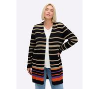 Longstrickjacke SHEEGO, Damen, Gr. 48/50, schwarz, beige, gestreift, 50% Baumwolle, 50% Polyacryl, gemustert, gestreift, mehrfarbig, Strickjacken Longstrickjacke (98124500-48) schwarz, beige, gestreif