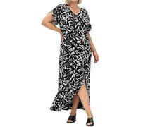 Sheego Maxikleid Kleid Blätterprint Wickeloptik V-Ausschnitt Flügelärmel Volant schwarz-weiß Damen