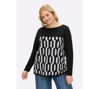 Jacquardpullover SHEEGO "Pullover", Damen, Gr. 40/42, schwarz (schwarz, ecru, gemustert), 50% Viskose, 25% Polyester, 25% Polyamid, gemustert, mehrfarbig, Pullover (71132159-40) schwarz, ecru, gemuste