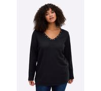 Sheego Pullover mit tiefem V-Ausschnitt und Ösenverzierung 44/46 schwarz