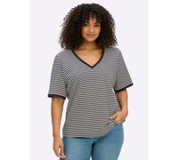 Sheego Ringelshirt mit Ajour-Strickband 52/54 ecru-tiefblau-geringelt