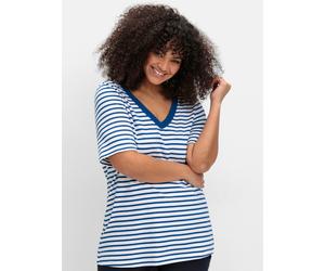 Sheego Ringelshirt mit V-Ausschnitt 52/54 blaubeere-gestreift