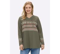 Langarmshirt SHEEGO "Shirt", Damen, Gr. 40/42, khaki, beige, bedruckt, 95% Baumwolle, 5% Elasthan, bedruckt, gemustert, mehrfarbig, V-Ausschnitt, Shirts Langarmshirt (66850256-40) khaki, beige, bedruc