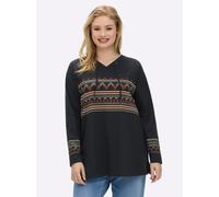 Sheego Shirt mit V-Ausschnitt und Ethno-Details 56/58 schwarz-beige-bedruckt