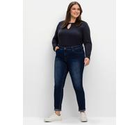 Stretch-Jeans SHEEGO, Damen, Gr. 52, Normalgrößen, blau (dunkelblau denim), 74% Baumwolle, 22% Polyester, 3% Viskose, 1% Elasthan, unifarben, lang, Jeans (13617530-52) dunkelblau denim