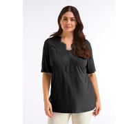 Spitzenshirt SHEEGO "Halbarmshirt", Damen, Gr. 48/50, schwarz, 95% Viskose, 5% Elasthan, Spitze:100% Polyimid, unifarben, V-Ausschnitt, Shirts (51281454-48) schwarz