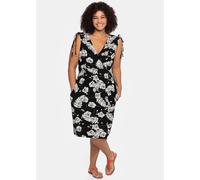 Sommerkleid SHEEGO "Strandkleid", Damen, Gr. 46, Normalgrößen, schwarz-weiß (schwarz, weiß), 95% Viskose, 5% Elasthan, geblümt, gemustert, knielang, V-Ausschnitt, ohne Ärmel, Kleider (19492848-46) sch