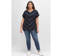 Kurzarmshirt SHEEGO "T-Shirt", Damen, Gr. 56, blau (nachtblau, weiß), 95% Viskose, 5% Elasthan, gemustert, mehrfarbig, V-Ausschnitt, Shirts (60272845-56) nachtblau, weiß