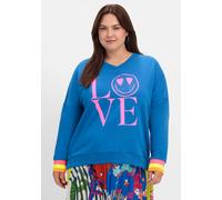 Sheego Sweatshirt mit Frontdruck und Ringelbündchen 46 blau bedruckt