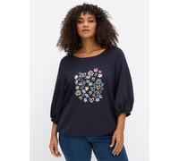Sheego Sweatshirt mit Frontprint und Häkelblumen 56/58 tiefblau-eisblau-bedruckt