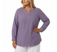 Sheego Tunika Bluse Damen lila-Ecru gestreift Langarm Krempelärmel V-Ausschnitt Rundhals Stretch Baumwoll-Mix