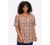 Longbluse SHEEGO, Damen, Gr. 48, bunt (apricot, ozean, bedruckt), 100% Polyester, geblümt, gemustert, Rundhals, Blusen Longbluse (52206059-48) apricot, ozean, bedruckt