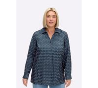 Longbluse SHEEGO, Damen, Gr. 50, tiefblau, dunkelblau, bedruckt, 88% Viskose, 12% Polyamid, bedruckt, gemustert, mehrfarbig, V-Ausschnitt, Blusen Longbluse (25545059-50) tiefblau, dunkelblau, bedruckt