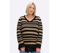 Sheego V-Ausschnitt-Pullover mit Bluseneinsatz am Saum 52/54 schwarz-beige-gestreift