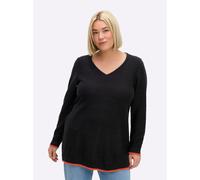 Sheego V-Ausschnitt-Pullover mit Kontraststreifen 56/58 schwarz-orange