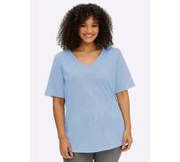 Rundhalsshirt SHEEGO "T-Shirt", Damen, Gr. 52/54, blau (eisblau), 60% Baumwolle, 40% Polyester, gemustert, V-Ausschnitt, Shirts Rundhalsshirt (44781538-52) eisblau