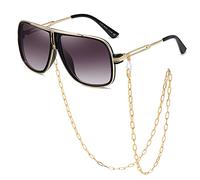 SHEEN KELLY Übergroße Retro-Ketten-Pilot-Sonnenbrille-Quadrat-Rahmen Gold Metall für Männer Frauen schwarze Linse