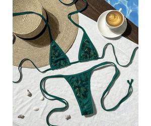 SHEIN Swim SXY 2-teiliges Frühling/Sommer Strandurlaub strukturierter Stoff Neckholder Dreiecks-Bikini-Top & seitlich gebundene Tanga-Unterhose sexy B