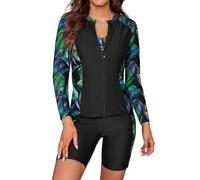 SHEKINI 3-teiliger Rashguard-Badeanzug für Damen, langärmelig, Reißverschluss, Badeanzüge mit Hose, UPF 50+ Shirt, Medium