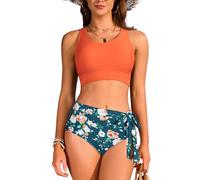 SHEKINI Bikini Damen Set Hohe Taille Sexy Cheeky Bikini Damen Sport Bikinis für Damen mit Knoten(M, Orange + Druck)