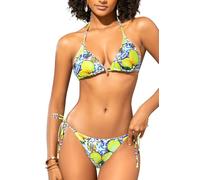 SHEKINI Brasilianischer zweiteiliger Damen-Badeanzug, Neckholder, Triangel-Bikini-Set, seitliche Bindung, Tanga, Badeanzüge, Zitronen-Aufdruck, Large