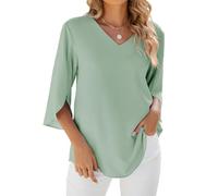SHEKINI Chiffon Bluse Damen Sommer Casual T-Shirt 3/4 Arm Elegant Tunika Tops für Leggings V-Ausschnitt Locker Oberteil mit Glockenärmeln