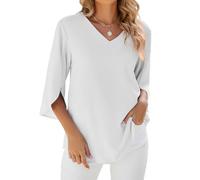 SHEKINI Chiffon Damen Bluse Sommer Elegant V-Ausschnitt Casual T-Shirt 3/4 Ärmel Lässige Blusen Tunika Tops Locker Oberteil Flowy Glockenärmeln