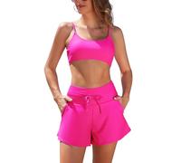 SHEKINI Damen 2-teilige Badeanzüge Bralette Badeanzug High Waisted Bikini Shorts mit Taschen(Heißes Rosa,S)
