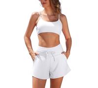 SHEKINI Damen 2-teilige Badeanzüge Bralette Badeanzug High Waisted Bikini Shorts mit Taschen(Weiß,L)