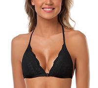 SHEKINI Damen Bestickter Dreieck BH Front Closure Plunge Wireless Lightly Lined Lace Bralette Top, Schwarz, X-Large