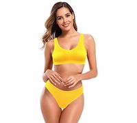 SHEKINI Damen Bikini Set Gerippte U Ausschnitt Breites Träger Bikinioberteil Zweiteiliger Badeanzug Sport Triangel Bikinihose Bademode (Gelb, M)