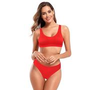 SHEKINI Damen Bikini Set Gerippte U Ausschnitt Breites Träger Bikinioberteil Zweiteiliger Badeanzug Sport Triangel Bikinihose Bademode (Rot, S)