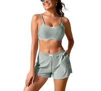 SHEKINI Damen Bikini Set High Waisted Bikini Shorts mit Taschen Zweiteiliger Badeanzug(Grün,S)