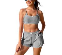 SHEKINI Damen Bikini Set High Waisted Bikini Shorts mit Taschen Zweiteiliger Badeanzug(Schwarz,S)