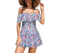 SHEKINI Damen Einteiliger Badeanzug Badekleid Rückenfrei Baderock Ruched Bauchweg Bauchkontrolle Damen Strandbadeanzug Bademode Großer Größe Schwimmrock(S,Hellblauer Druck)