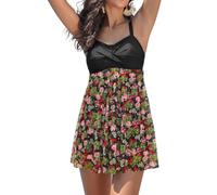 SHEKINI Damen Einteiliger Badeanzug Elegant Badekleider Schwimmrock Retro Rückenfrei Ruched Badekleid Bauchweg Schwimmkleid Baderock(Schwarzer Blumendruck,L)