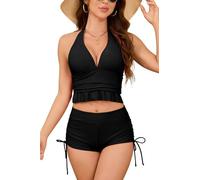 SHEKINI Damen Halter Deep V Bikini Top Kordelzug Swim Shorts Zwei Stück High Waisted Badeanzüge mit Jungen Short (schwarz, X-Large)