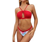 SHEKINI Damen Sexy Hollow Bikini Set Rückenfrei Gepolstertes Oberteil Low Waist Blumen Hose Schulterfrei Strand Zweiteiliger Bikinis (M, Rot)
