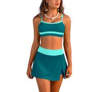 SHEKINI Damen Sportive Bikini Set High Waisted Zweiteilige Badeanzüge mit Rock Bottom(Eisblau+hellgrün,XL)