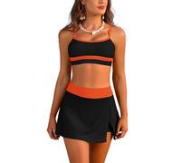 SHEKINI Damen Sportive Bikini Set High Waisted Zweiteilige Badeanzüge mit Rock Bottom(Schwarz+Orange,XL)