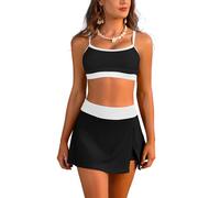 SHEKINI Damen Sportive Bikini Set High Waisted Zweiteilige Badeanzüge mit Rock Bottom(Schwarz+weiß,XXL)