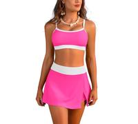 SHEKINI Damen Sportive Bikini Set High Waisted Zweiteilige Badeanzüge mit Rock Bottom (X-Large,rosa + weiß)