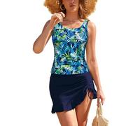SHEKINI Damen Tankini Set Zweiteilige Bauchkontrolle Bademode mit Rock Kordelzug Side High Waist Elegant Badeanzüge (DE/NL/SE/PL, Alphanumerisch, M, Regular, Regular, 61Y dunkelblau mit Druck)